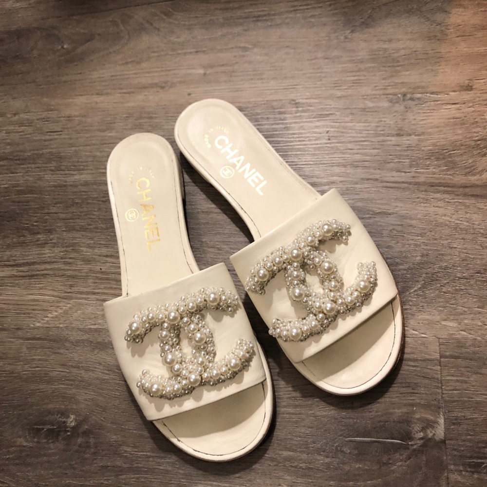 White pearl Chanel sandals